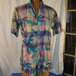 Men's NORFLEET Hawaii Plaid Shirt in Pink, Blue & Green w/Palm Trees - S